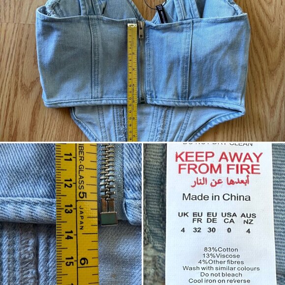PrettyLittleThing Light Blue Wash Denim Corset Top Size 0 Bustier Dip Hem Y2K - Picture 9 of 9